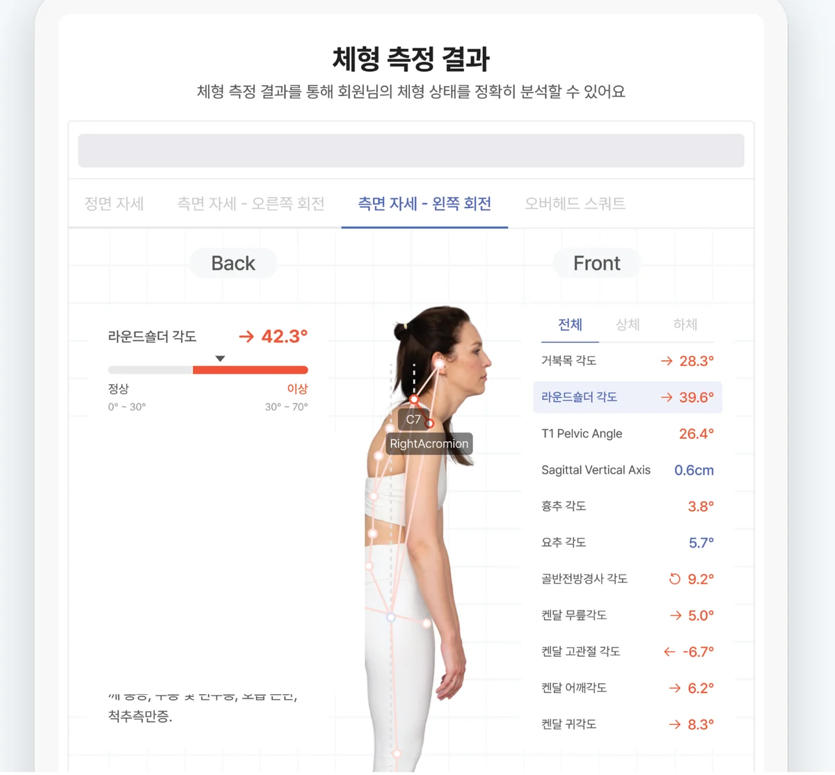바디닷 체형 측정 결과 리포트 — 라운드숄더 각도
